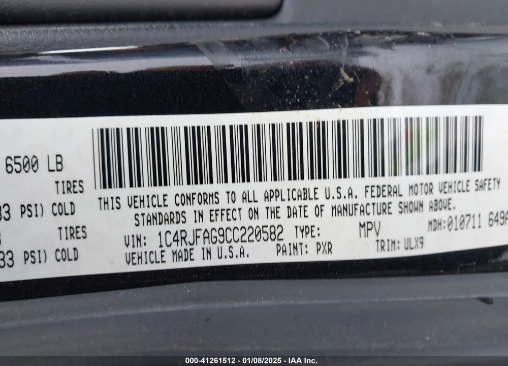 2012 JEEP GRAND CHEROKEE VIN: 1C4RJFAG9CC220582