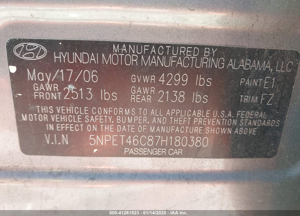 2007 HYUNDAI SONATA VIN: 5NPET46C87H180380