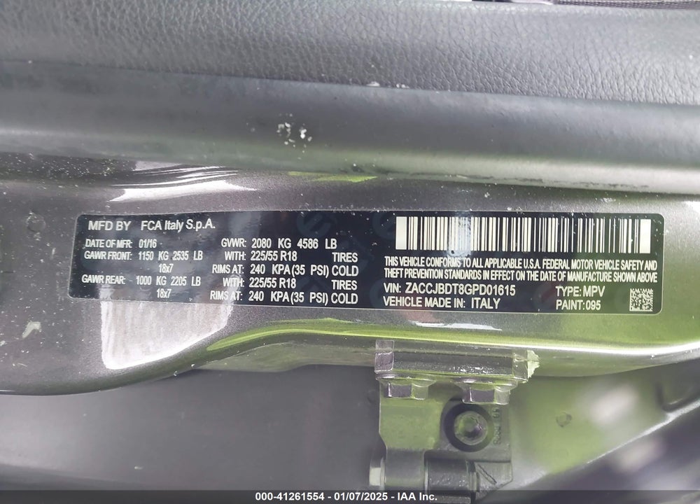 2016 JEEP RENEGADE LIMITED VIN: ZACCJBDT8GPD01615