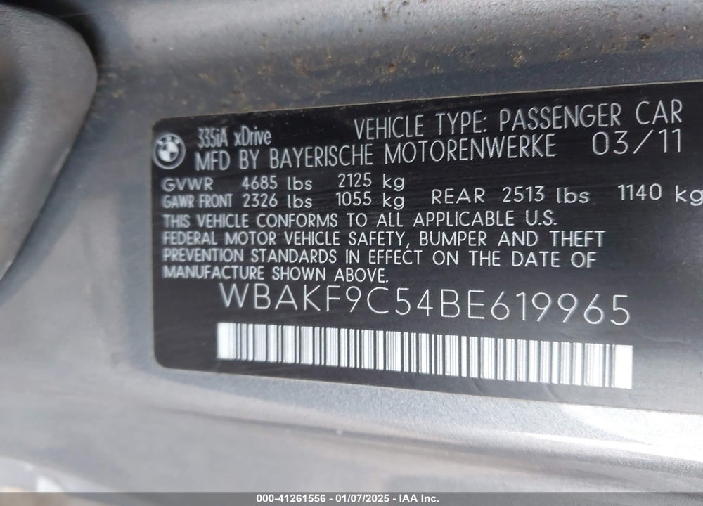 2011 BMW 335I XDRIVE VIN: WBAKF9C54BE619965