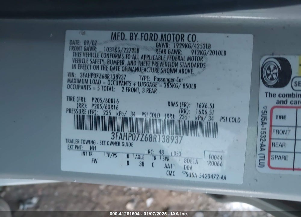 2008 FORD FUSION SE VIN: 3FAHP07Z68R138937