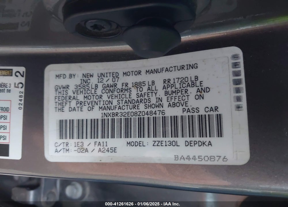 2008 TOYOTA COROLLA VIN: 1NXBR32E08Z048476