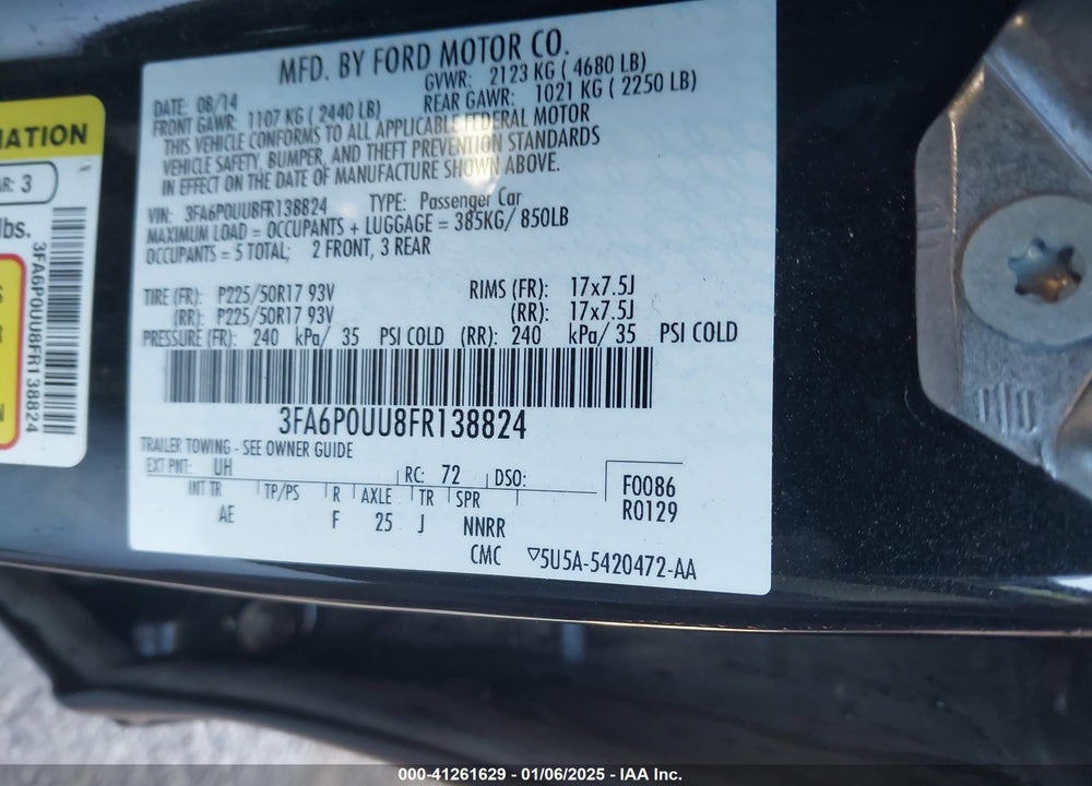 2015 FORD FUSION HYBRID VIN: 3FA6P0UU8FR138824