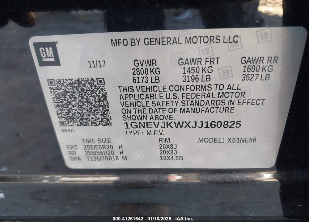 2018 CHEVROLET TRAVERSE VIN: 1GNEVJKWXJJ160825