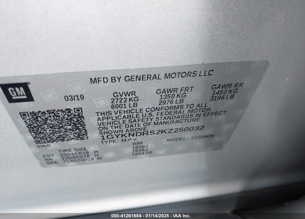 2019 CADILLAC XT5 LUXURY VIN: 1GYKNDRS2KZ250032