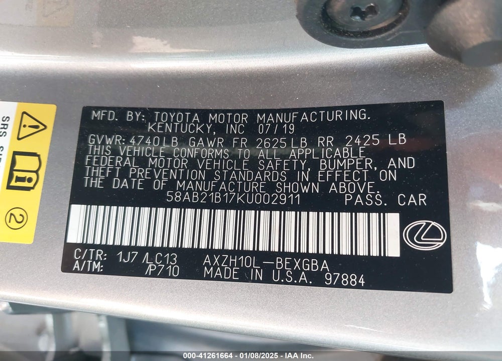 2019 LEXUS ES 300H ULTRA LUXURY VIN: 58AB21B17KU002911