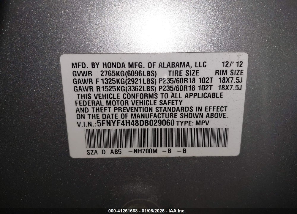 2013 HONDA PILOT EX VIN: 5FNYF4H48DB029060
