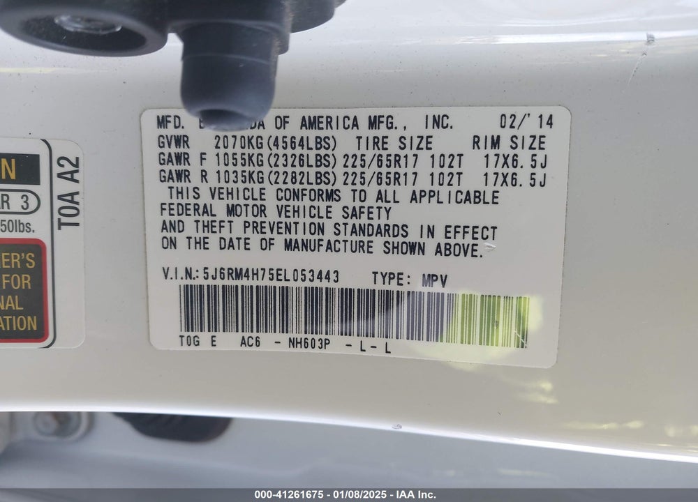 2014 HONDA CR-V EX-L VIN: 5J6RM4H75EL053443