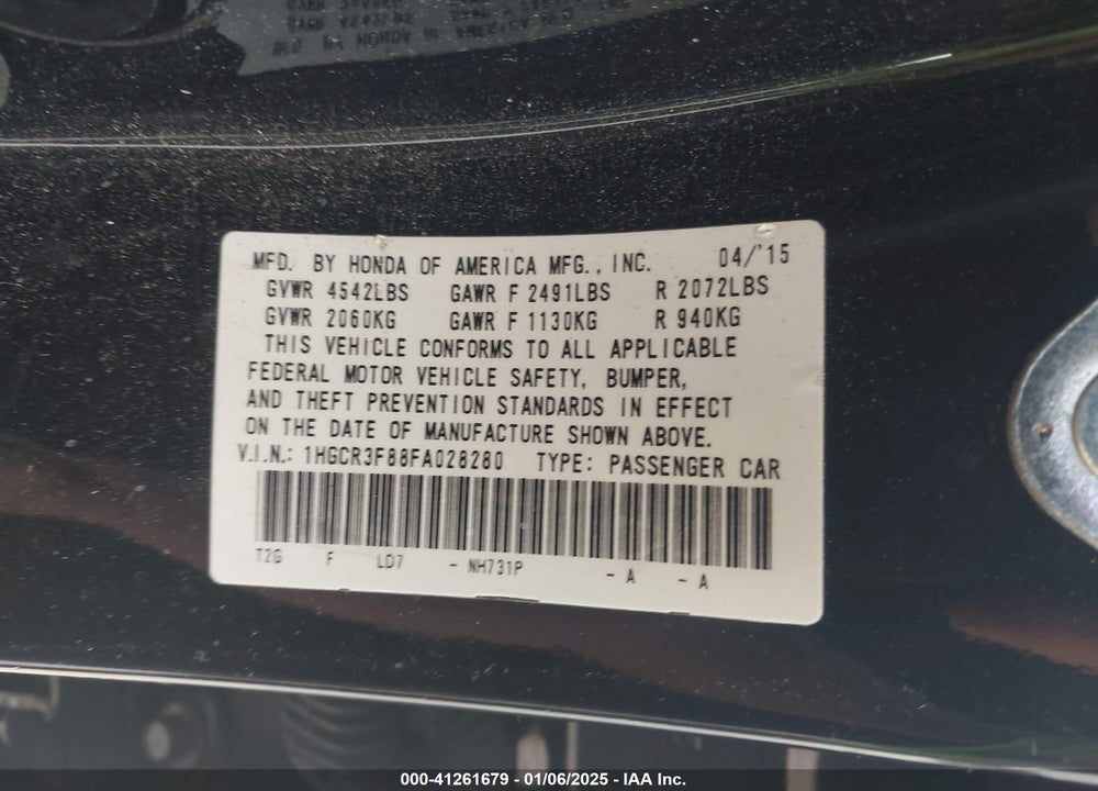 2015 HONDA ACCORD EX-L V-6 VIN: 1HGCR3F88FA028280