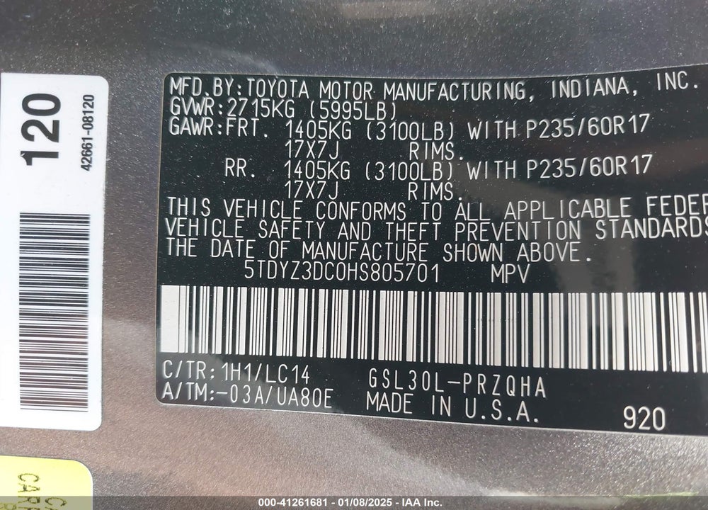 2017 TOYOTA SIENNA VIN: 5TDYZ3DC0HS805701