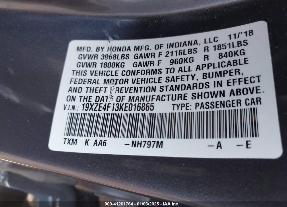 2019 HONDA INSIGHT LX VIN: 19XZE4F13KE016865