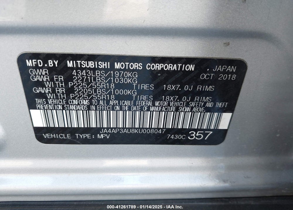 2019 MITSUBISHI OUTLANDER SPORT 2.0 ES VIN: JA4AP3AU8KU008047