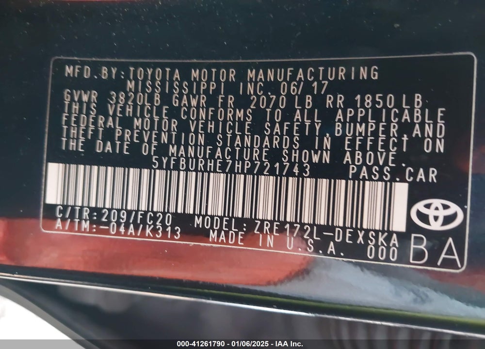 2017 TOYOTA COROLLA SE VIN: 5YFBURHE7HP721743