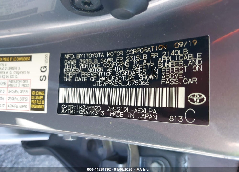 2020 TOYOTA COROLLA LE VIN: JTDVPRAE9LJ075066