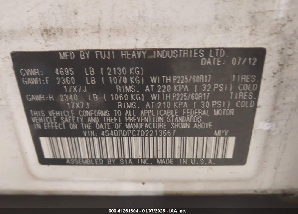 2013 SUBARU OUTBACK 3.6R LIMITED VIN: 4S4BRDPC7D2213667