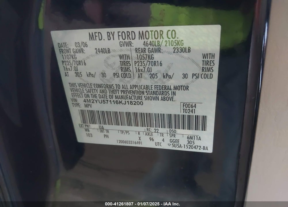 2006 MERCURY MARINER LUXURY/PREMIER VIN: 4M2YU57116KJ18200