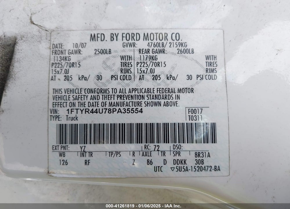 2008 FORD RANGER SPORT/XLT VIN: 1FTYR44U78PA35554