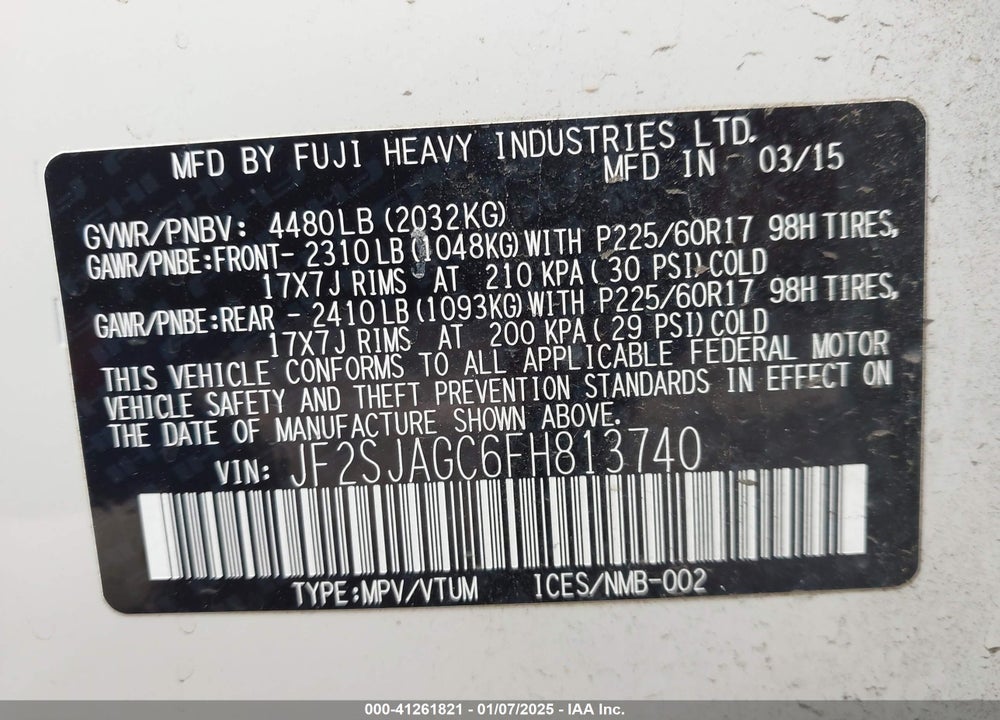 2015 SUBARU FORESTER 2.5I PREMIUM VIN: JF2SJAGC6FH813740