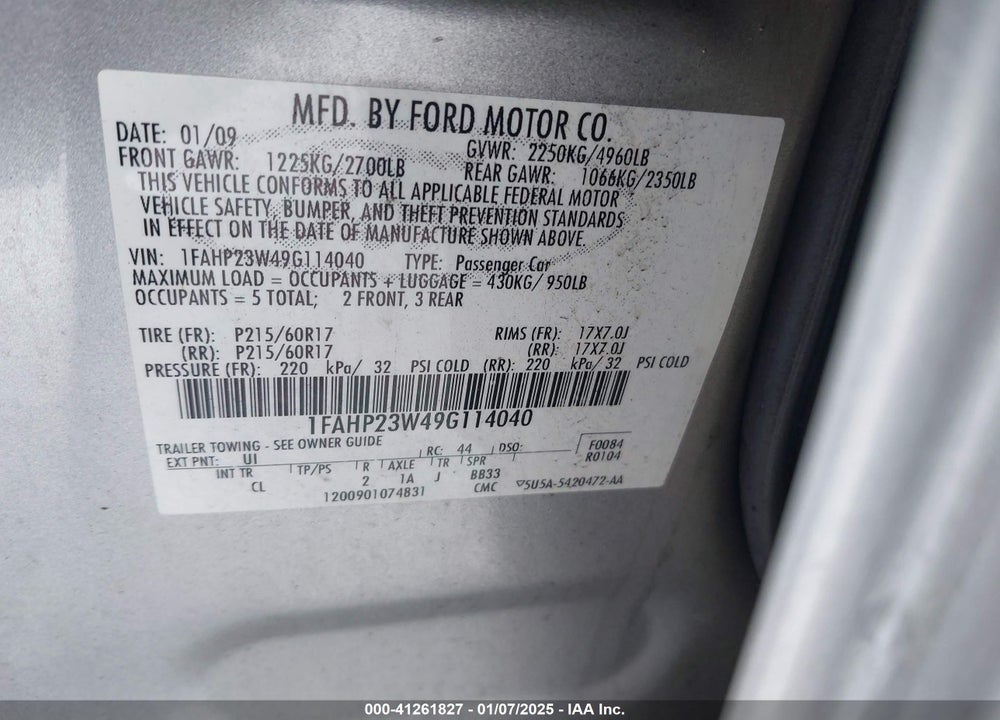 2009 FORD TAURUS VIN: 1FAHP23W49G114040