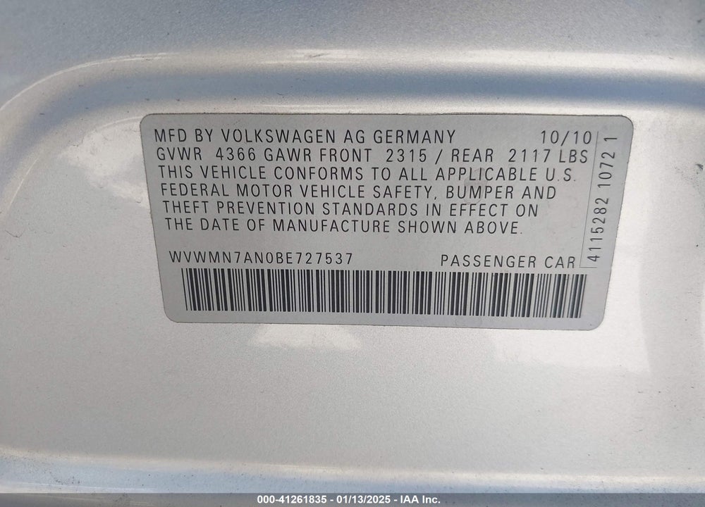 2011 VOLKSWAGEN CC SPORT VIN: WVWMN7AN0BE727537