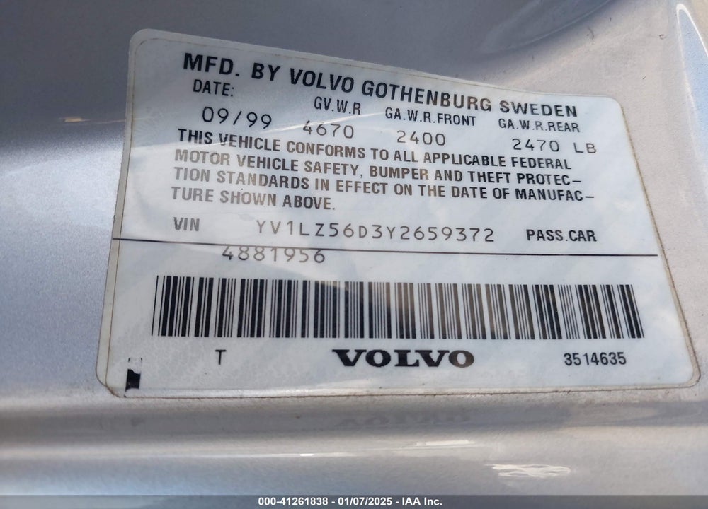 2000 VOLVO V70 XC/XC SE VIN: YV1LZ56D3Y2659372
