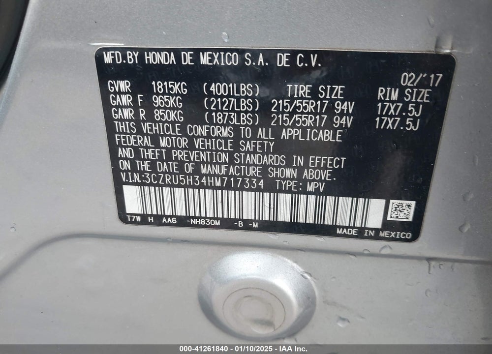 2017 HONDA HR-V LX VIN: 3CZRU5H34HM717334