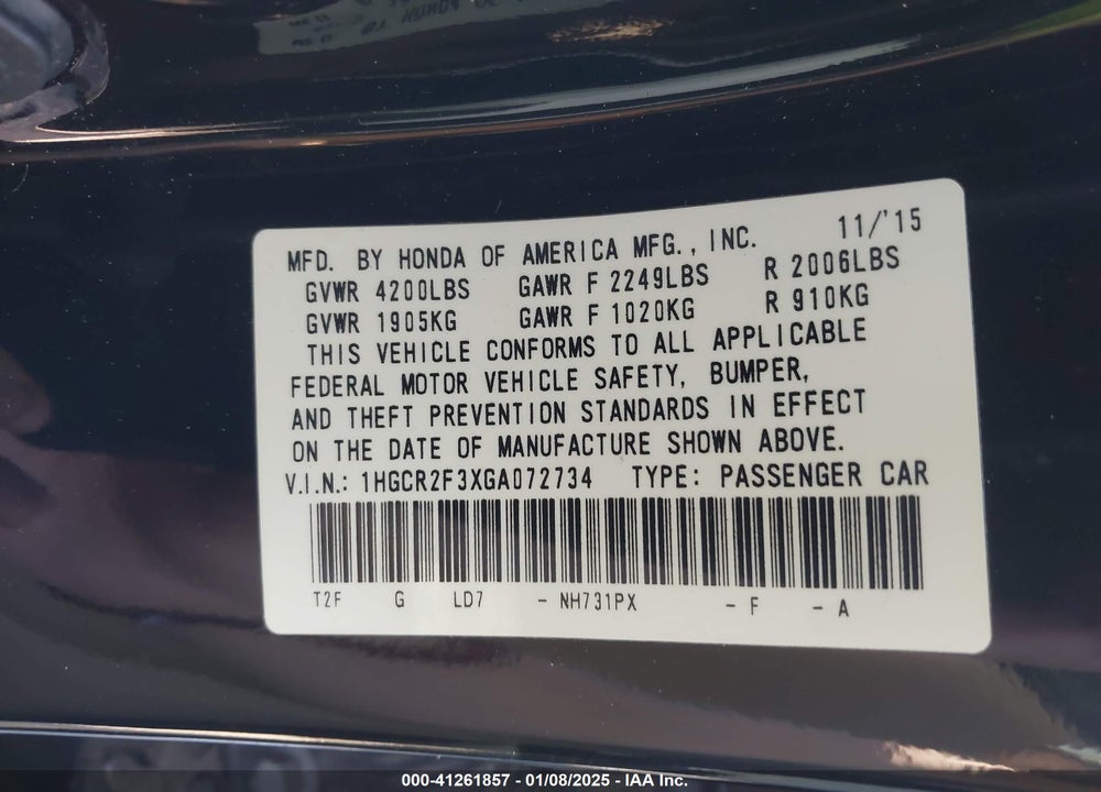 2016 HONDA ACCORD VIN: 1HGCR2F3XGA072734