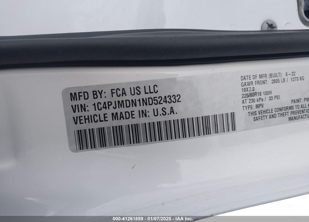 2022 JEEP CHEROKEE LIMITED 4X4 VIN: 1C4PJMDN1ND524332