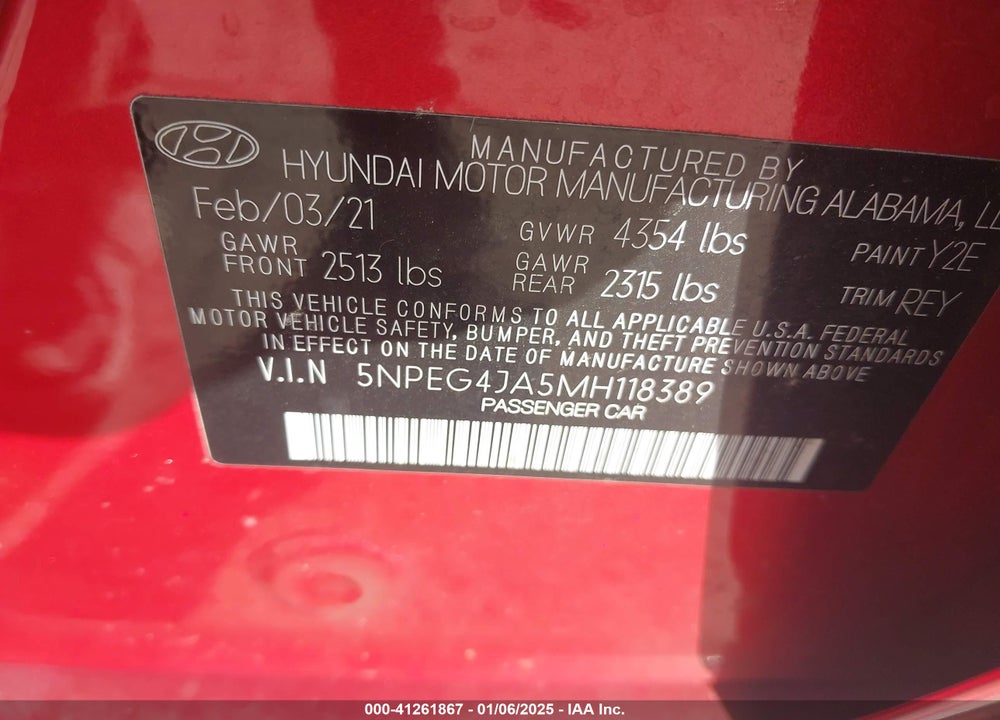 2021 HYUNDAI SONATA SE VIN: 5NPEG4JA5MH118389