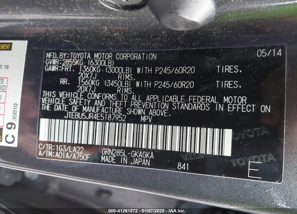 2014 TOYOTA 4RUNNER LIMITED VIN: JTEBU5JR4E5187952