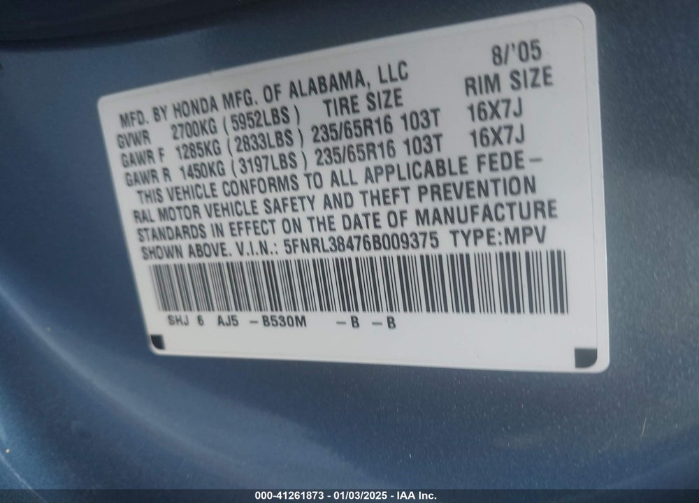 2006 HONDA ODYSSEY EX VIN: 5FNRL38476B009375
