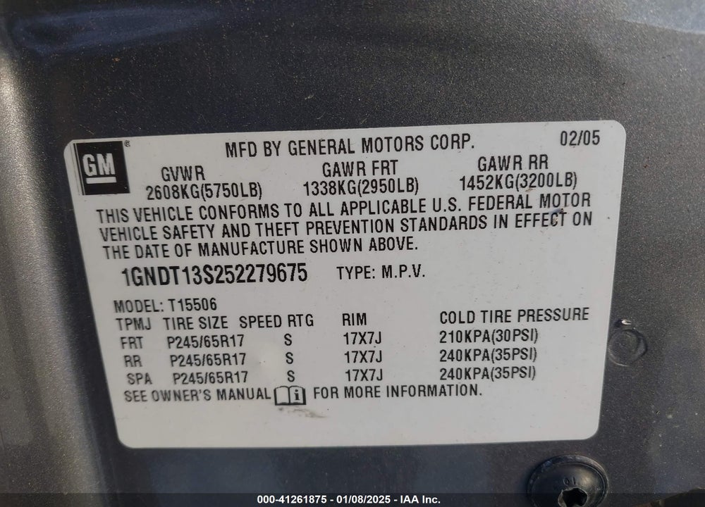 2005 CHEVROLET TRAILBLAZER LT VIN: 1GNDT13S252279675