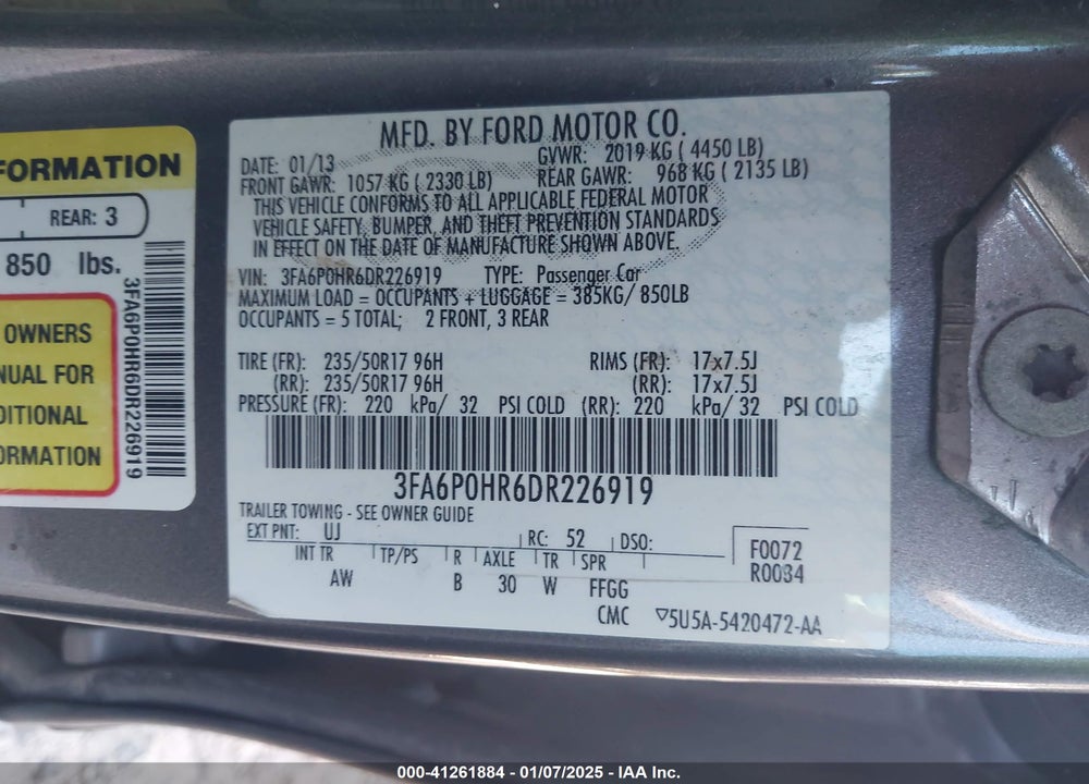 2013 FORD FUSION SE VIN: 3FA6P0HR6DR226919