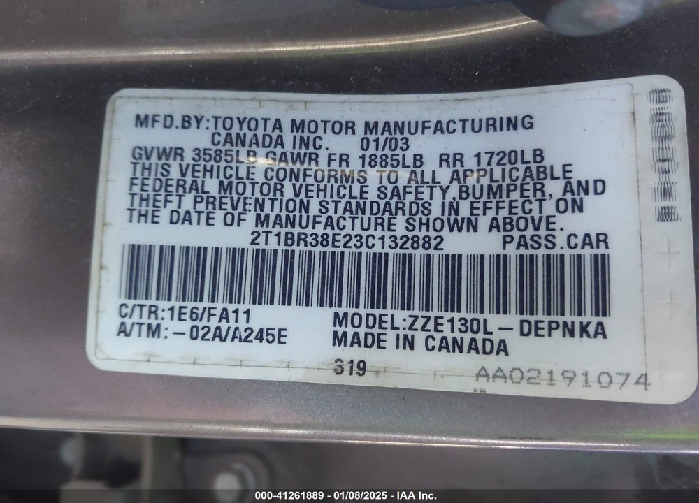 2003 TOYOTA COROLLA LE VIN: 2T1BR38E23C132882