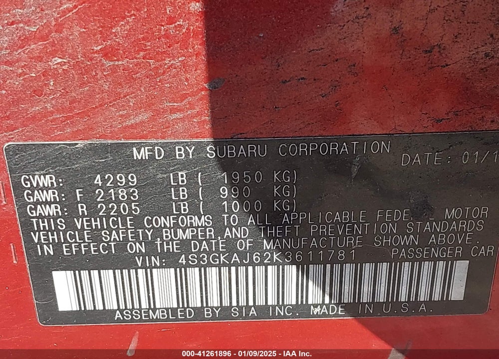 2019 SUBARU IMPREZA VIN: 4S3GKAJ62K3611781