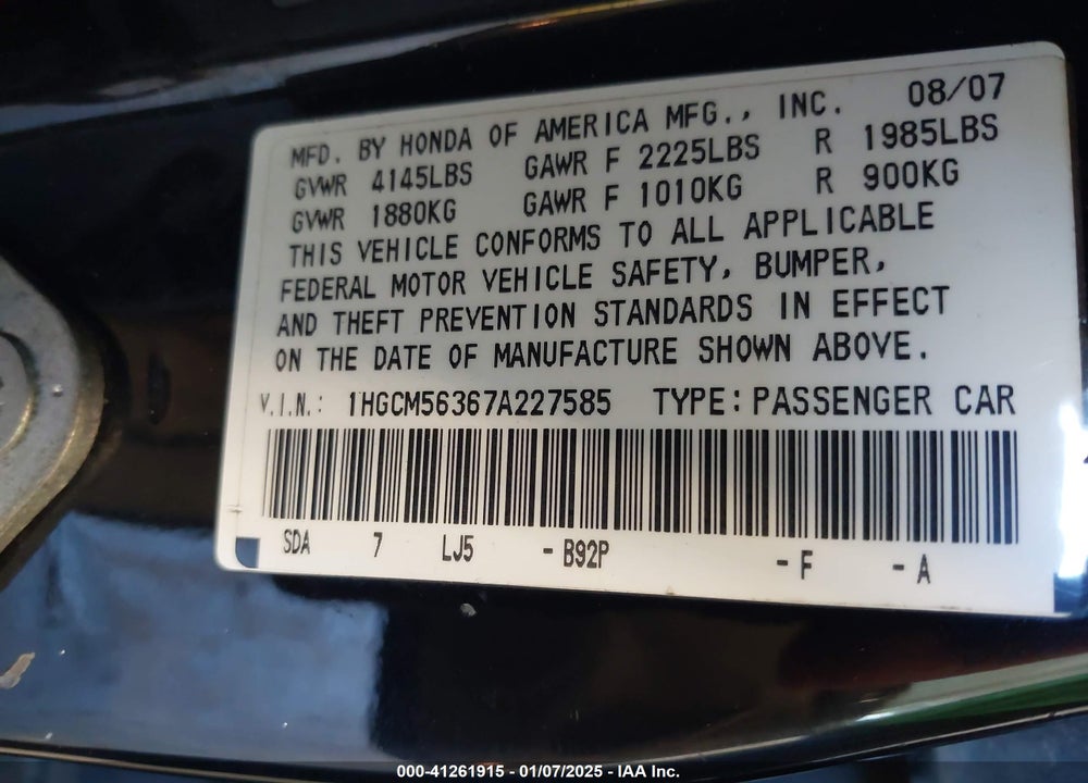 2007 HONDA ACCORD 2.4 SE VIN: 1HGCM56367A227585