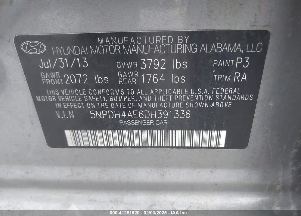 2013 HYUNDAI ELANTRA VIN: 5NPDH4AE6DH391336