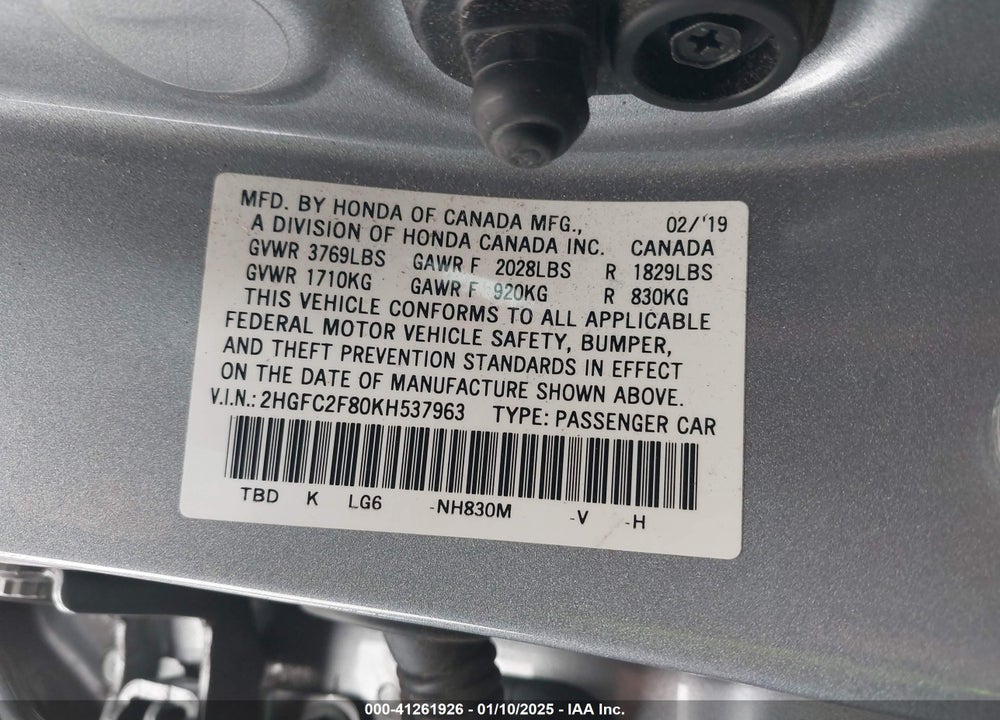 2019 HONDA CIVIC SPORT VIN: 2HGFC2F80KH537963