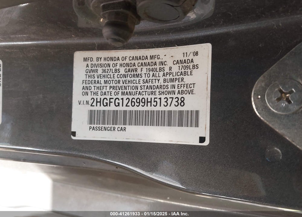 2009 HONDA CIVIC VIN: 2HGFG12699H513738