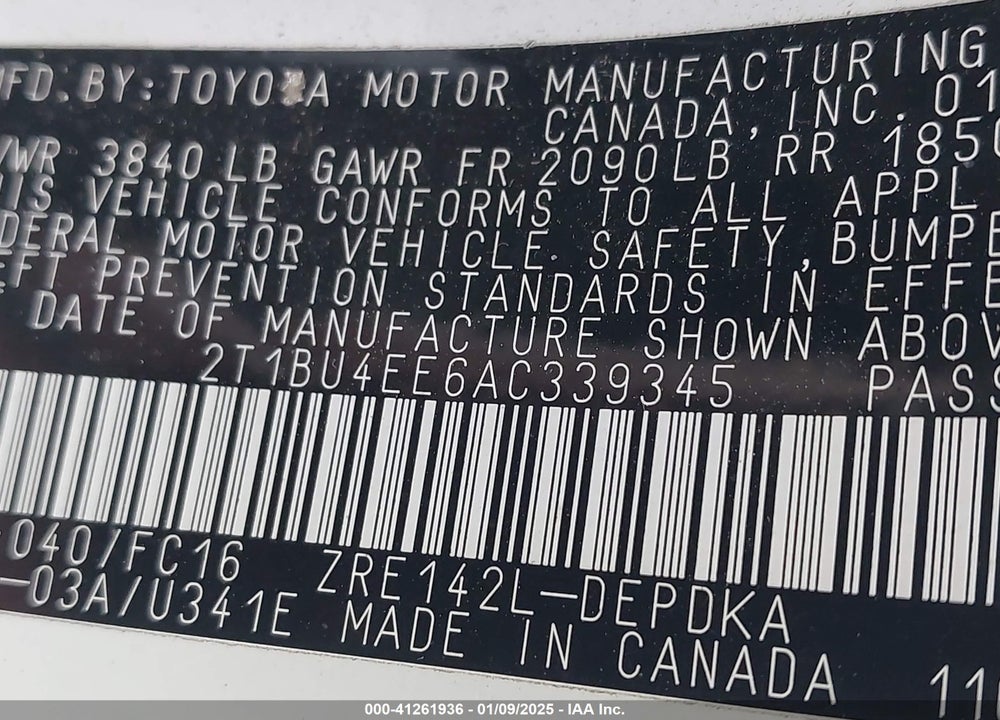 2010 TOYOTA COROLLA LE VIN: 2T1BU4EE6AC339345