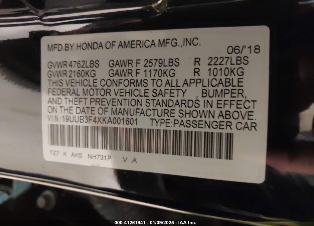 2019 ACURA TLX VIN: 19UUB3F4XKA001601