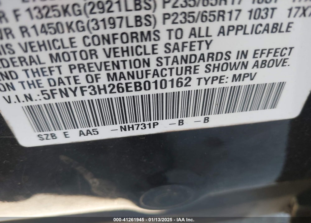 2014 HONDA PILOT LX VIN: 5FNYF3H26EB010162
