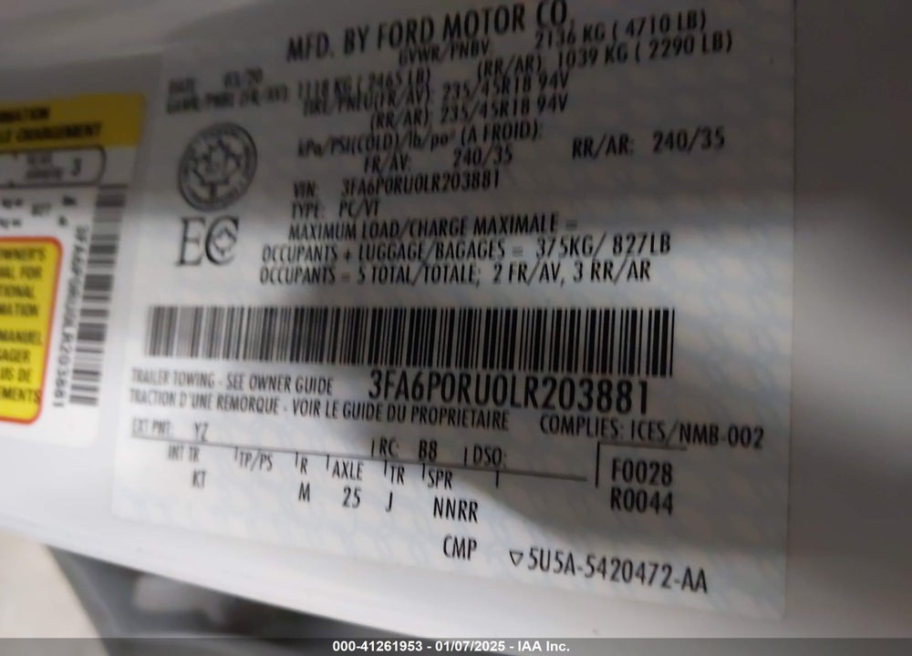 2020 FORD FUSION HYBRID TITANIUM VIN: 3FA6P0RU0LR203881