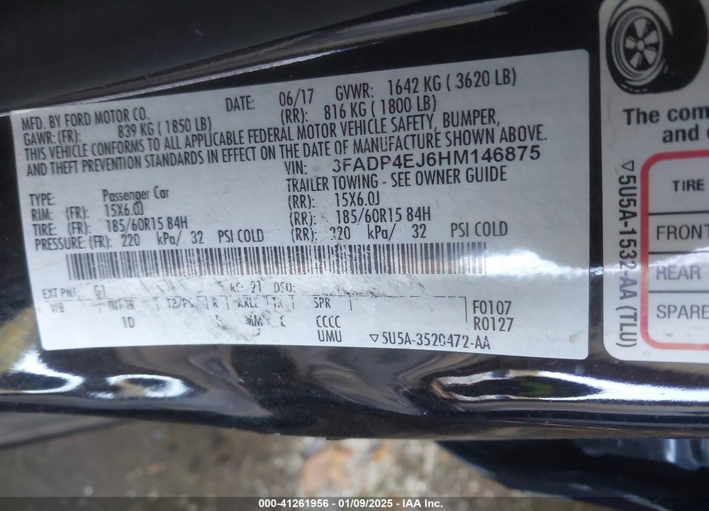 2017 FORD FIESTA VIN: 3FADP4EJ6HM146875