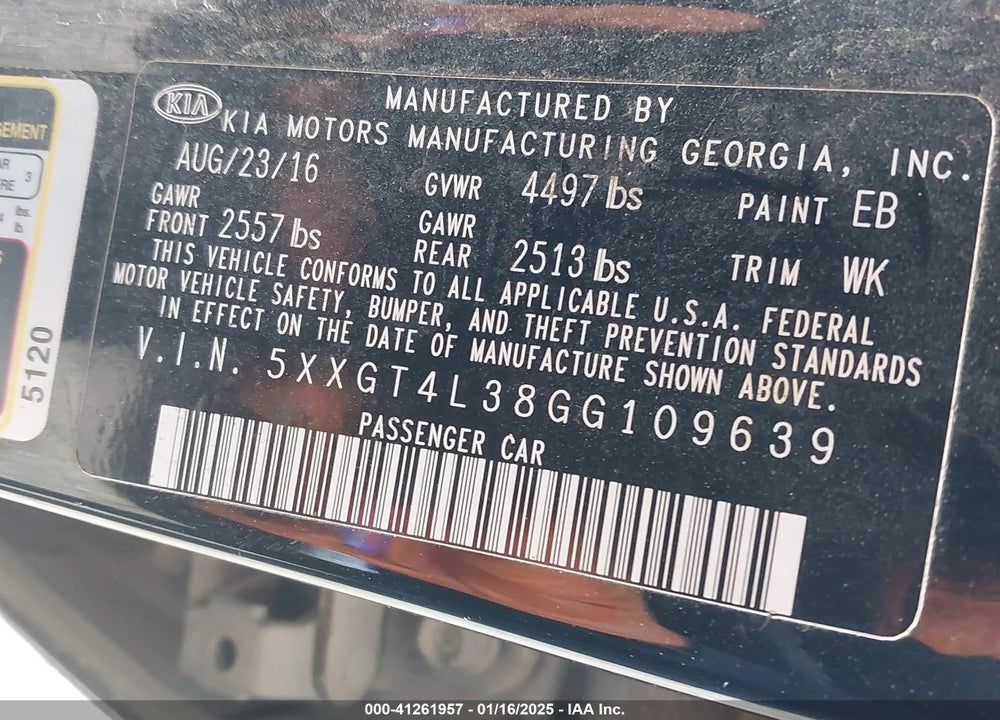 2016 KIA OPTIMA VIN: 5XXGT4L38GG109639