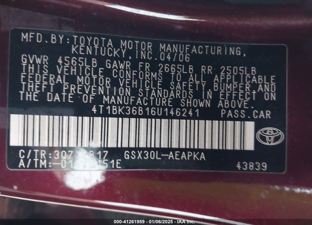 2006 TOYOTA AVALON LIMITED VIN: 4T1BK36B16U146241