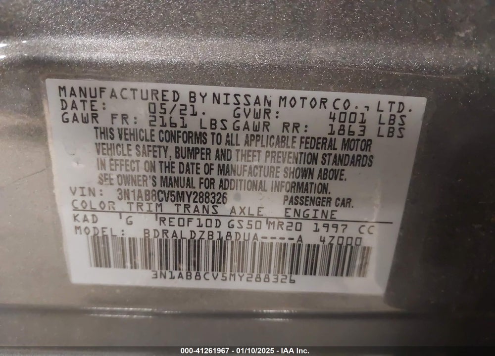 2021 NISSAN SENTRA VIN: 3N1AB8CV5MY288326