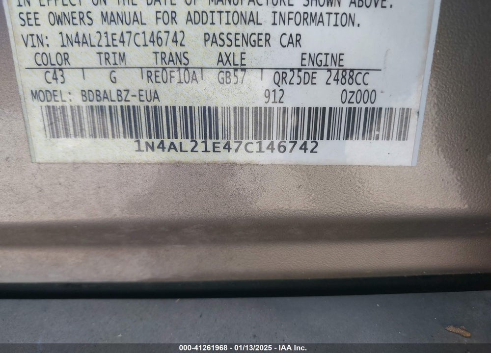 2007 NISSAN ALTIMA 2.5 S VIN: 1N4AL21E47C146742