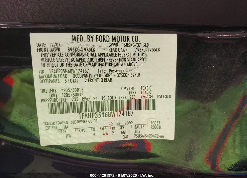 2008 FORD FOCUS SE/SES VIN: 1FAHP35N68W174187