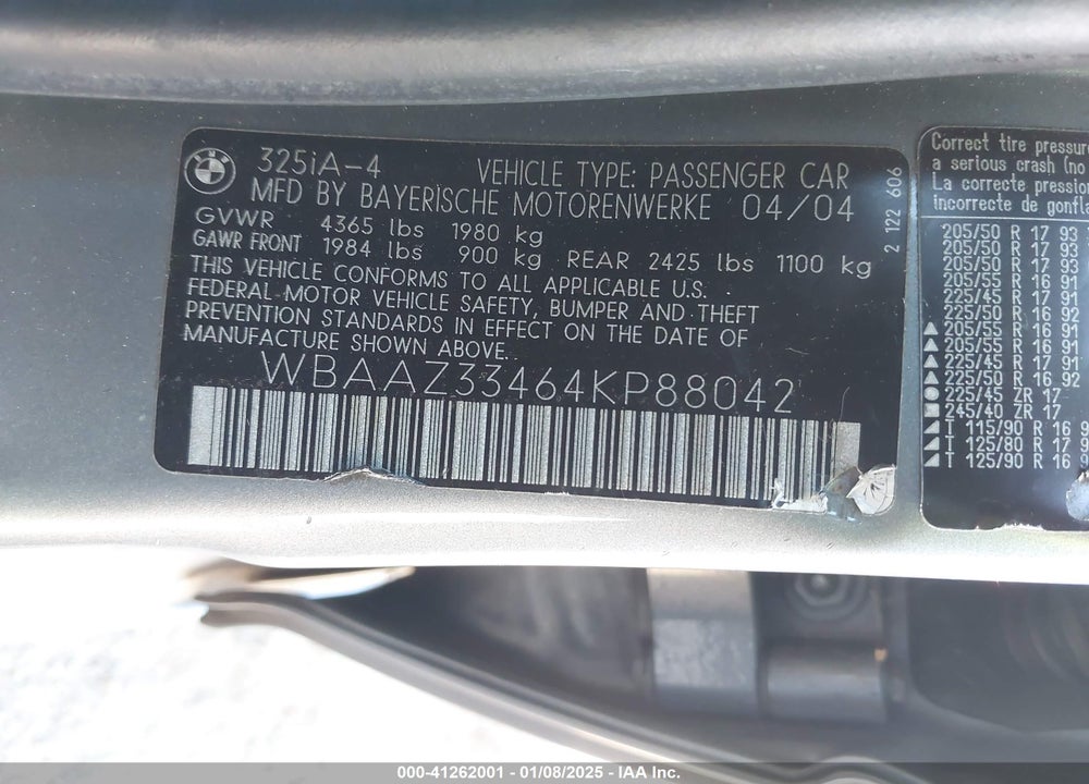 2004 BMW 325I VIN: WBAAZ33464KP88042
